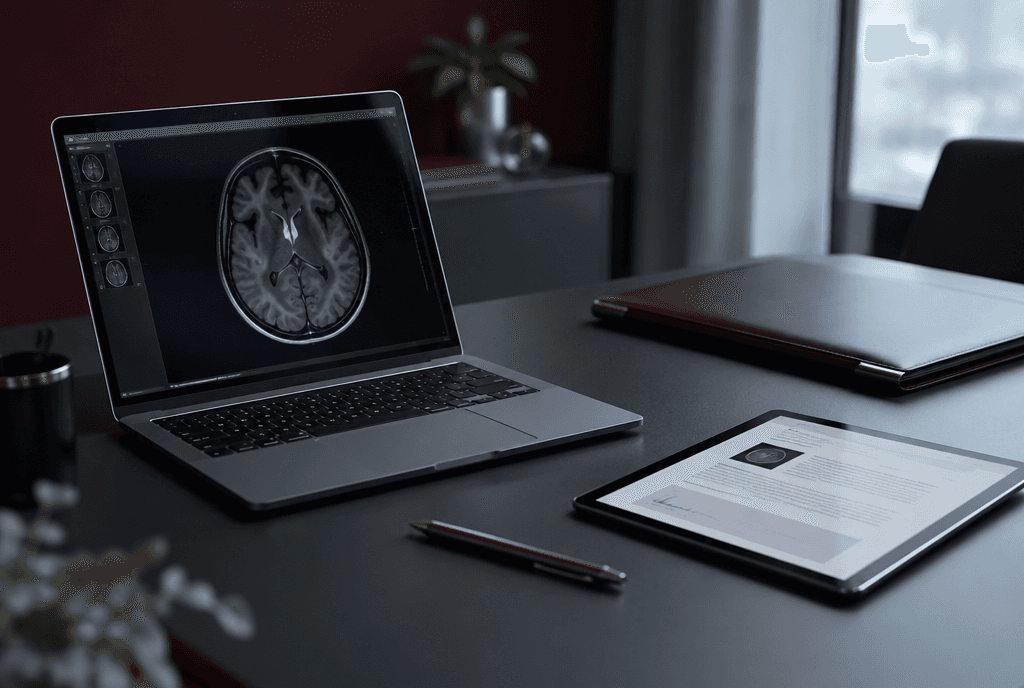 Escritorio con un portátil mostrando una prueba de imagen médica y documentación